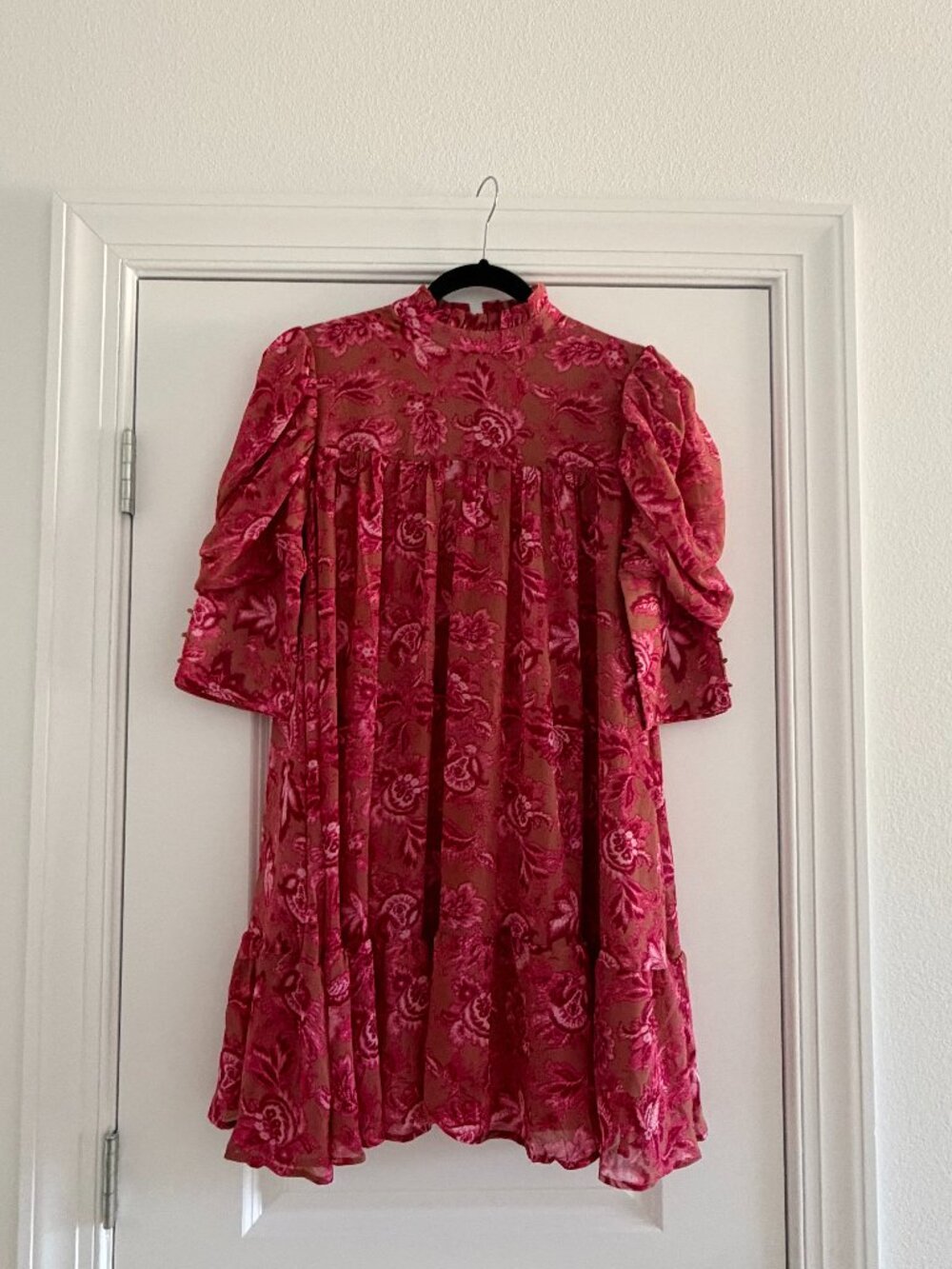 BooHoo Pink Floral Ruffle Neck Smock Dress